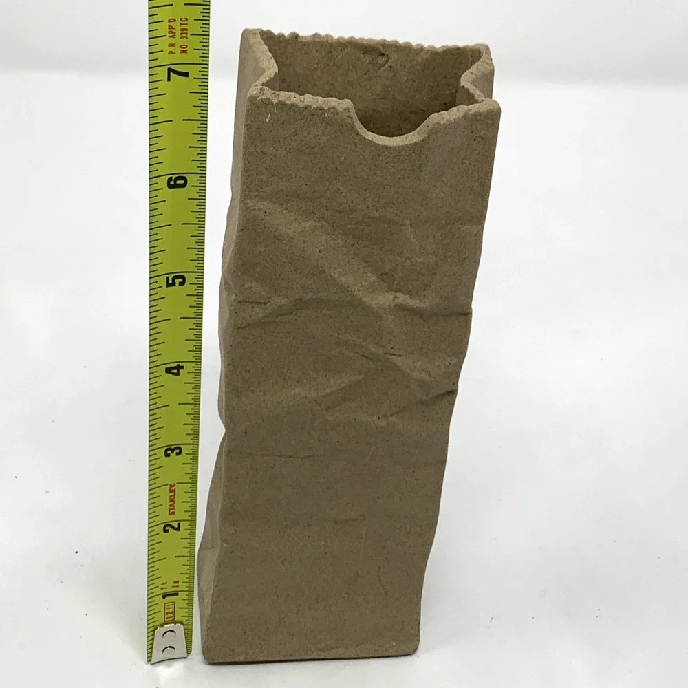Unique Brown Paper Bag Narrow Ceramic Bud Vase Crinkle Pop Art Shabby Chic